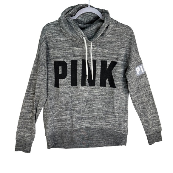 PINK Victoria's Secret Tops - PINK Victoria's Secret Cowl Neck Hoodie Marled Grey Logo Sweatshirt XS